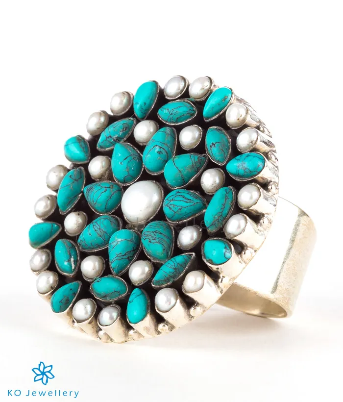 Gemstone Rings The Prisha Silver Gemstone Cocktail FingerringPearlTurquoise
