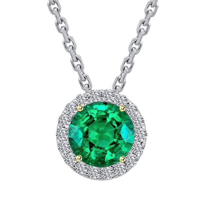 Necklaces HarryChadEntcom Round Halo Pendant Green Emerald Stone Pendant With Link Chain Necklaces HarryChadEntcom Round Halo Pendant Green Emerald Stone Pendant With Link Chain