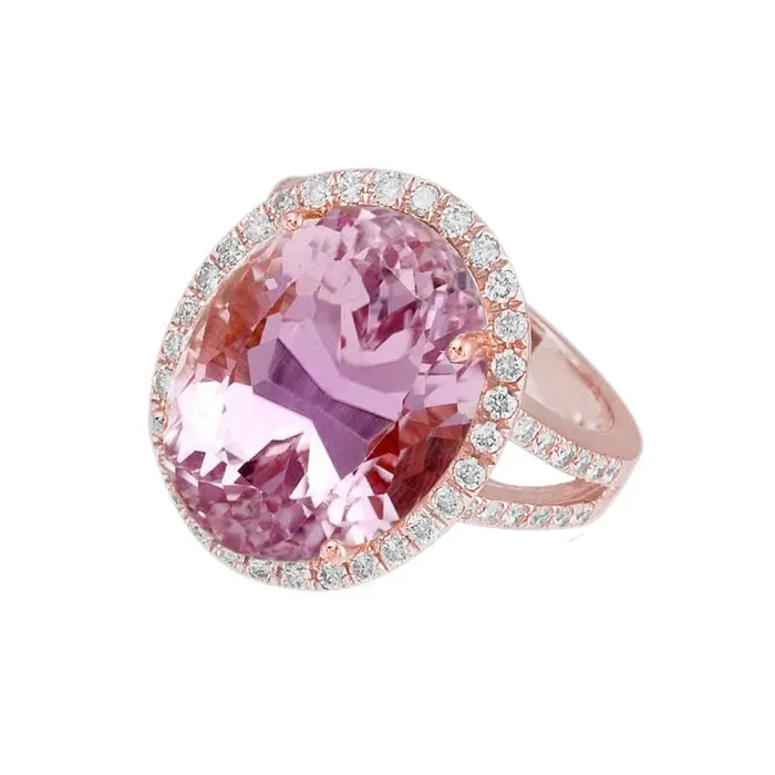 Rings GB 2975 Carats Pink Kunzite And Natural Earth Mined Diamonds Ring Rose Gold 14K Rings GB 2975 Carats Pink Kunzite And Natural Earth Mined Diamonds Ring Rose Gold 14K