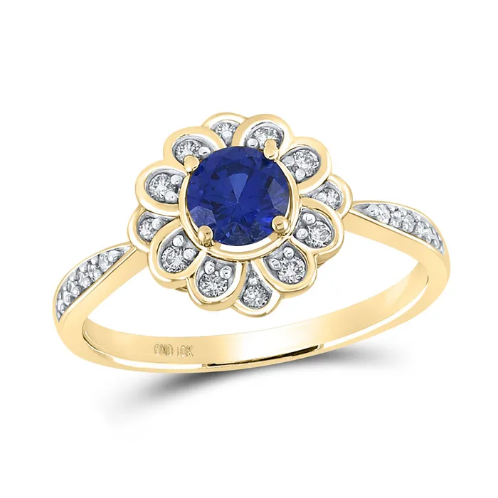 Rings GND GND 10K Yellow Gold Round Created Blue Sapphire Fashion RIng Size 7 Rings GND GND 10K Yellow Gold Round Created Blue Sapphire Fashion RIng Size 7