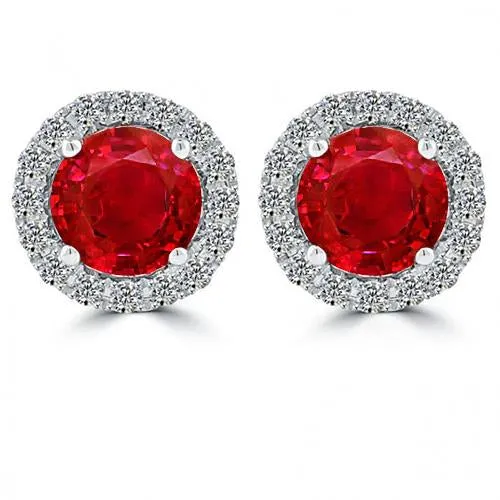 Round Cut White Gold Ruby With Halo Natural Earth Mined Diamond Stud Earrings 560 Ct GB Earrings Round Cut White Gold Ruby With Halo Natural Earth Mined Diamond Stud Earrings 560 Ct GB Earrings