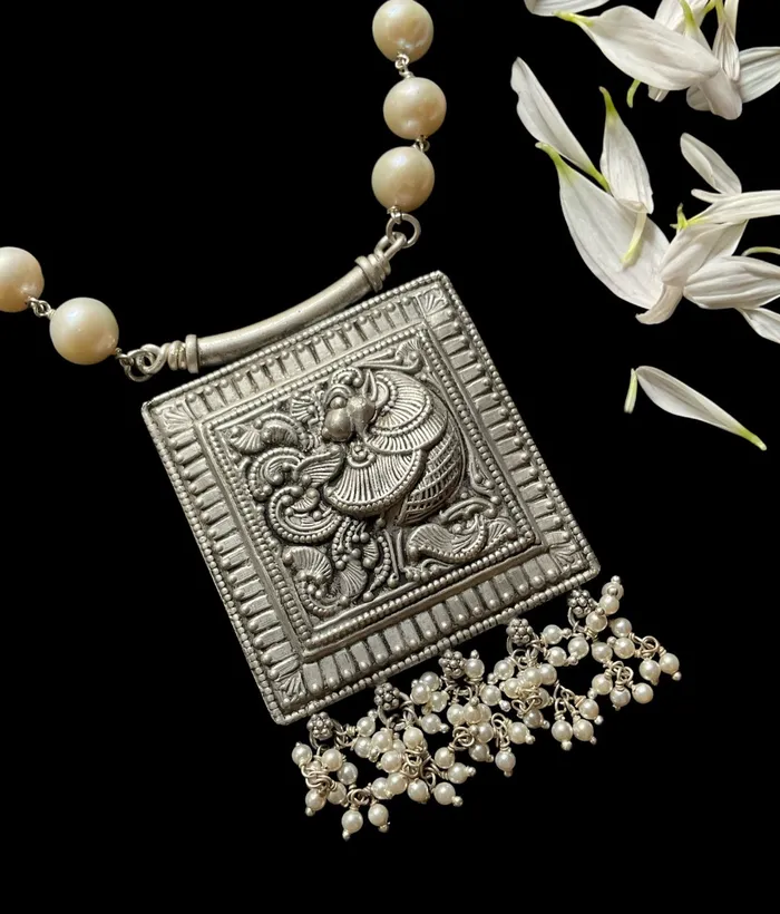 Silversmith Necklaces The Vashistha Silver Heritage Nakkasi Pearl Necklace