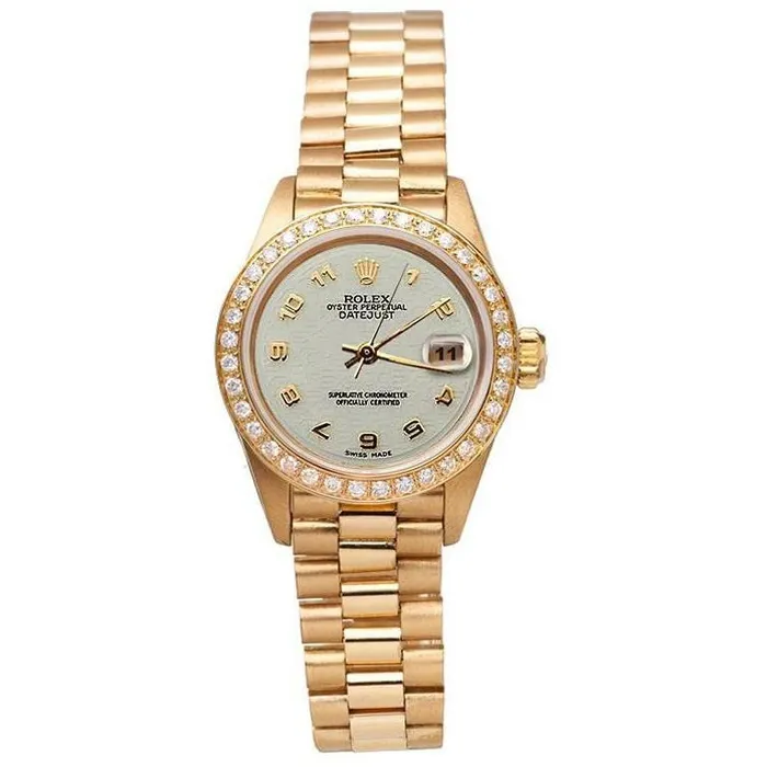 Yg Rolex Datejust President Style Watch Diamond Bezel Arabic Dial GB Watches Yg Rolex Datejust President Style Watch Diamond Bezel Arabic Dial GB Watches